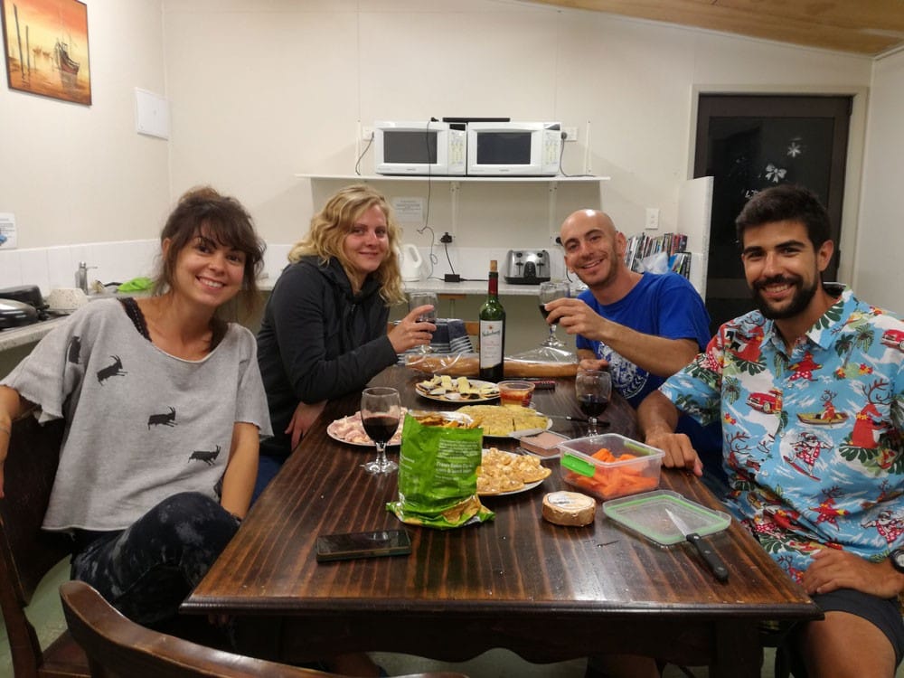 Amigos en Nueva Zelanda grupo de 4 amigos cenando y sonriendo a cámara